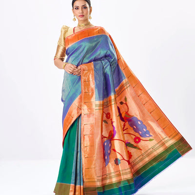 Blue Handloom Paithani Silk Saree With Stripes-Blue