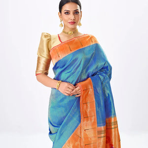 Blue Handloom Paithani Silk Saree With Stripes-Blue