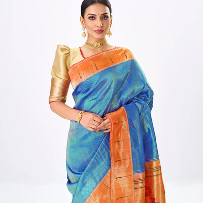 Blue Handloom Paithani Silk Saree With Stripes-Blue