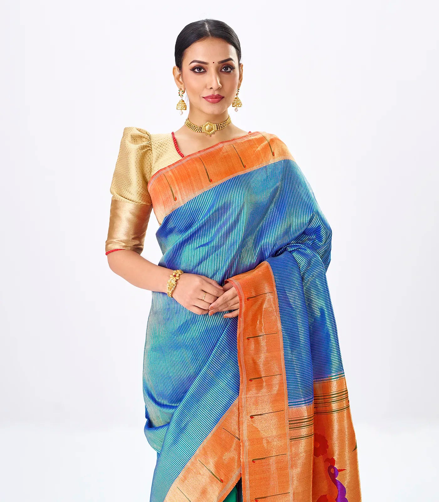 Blue Handloom Paithani Silk Saree With Stripes-Blue