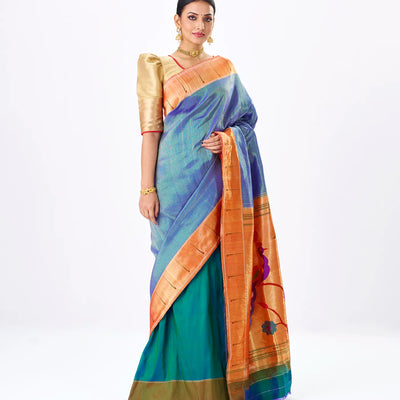 Blue Handloom Paithani Silk Saree With Stripes-Blue