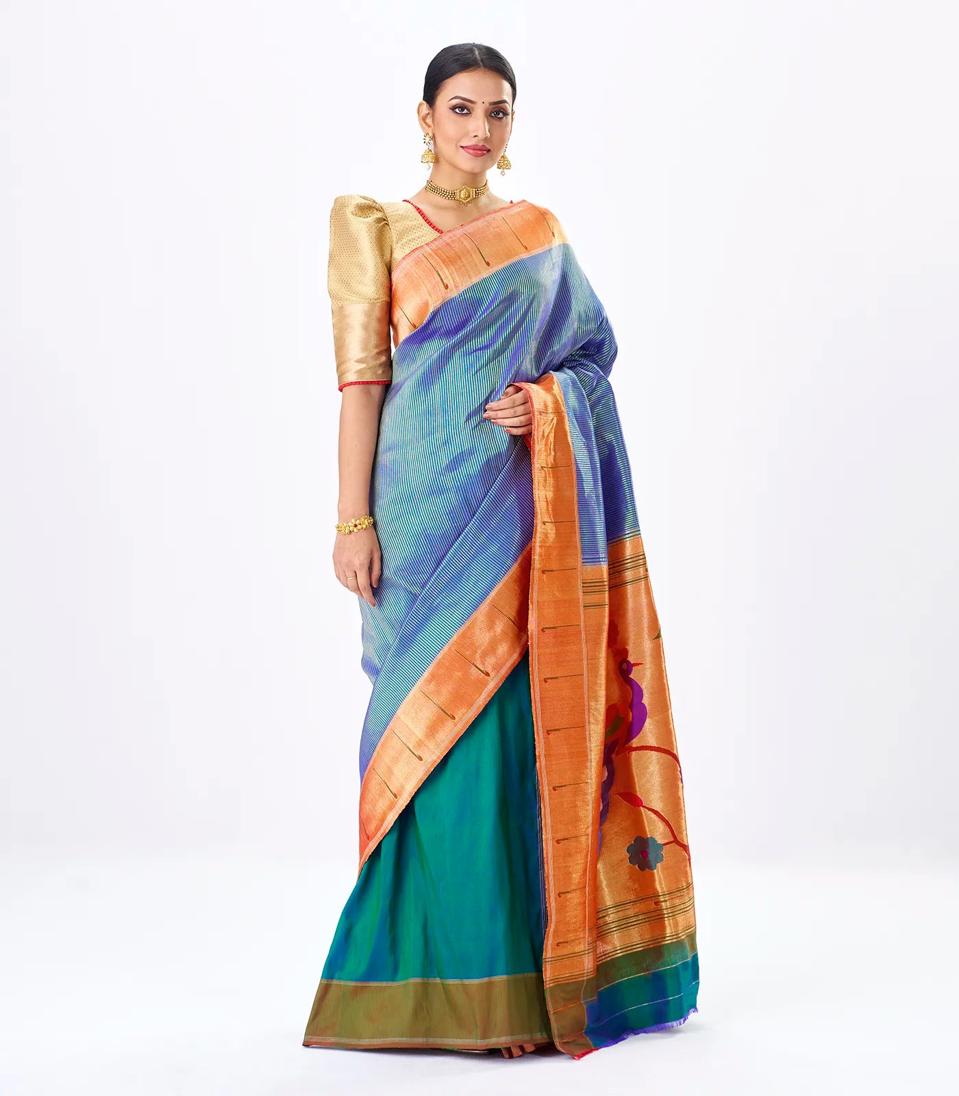 Blue Handloom Paithani Silk Saree With Stripes-Blue