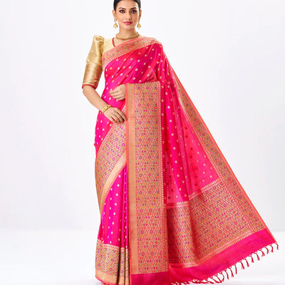 Hot Pink Handwoven Banarasi Silk Saree With Kamalam Motifs