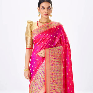 Hot Pink Handwoven Banarasi Silk Saree With Kamalam Motifs
