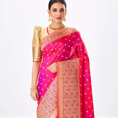 Hot Pink Handwoven Banarasi Silk Saree With Kamalam Motifs