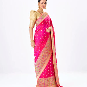 Hot Pink Handwoven Banarasi Silk Saree With Kamalam Motifs