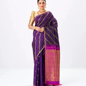 Magenta Handloom Kanchipuram Silk Saree With Diagonal Floral Motifs
