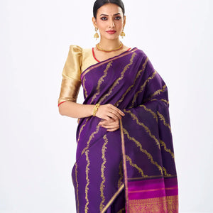 Magenta Handloom Kanchipuram Silk Saree With Diagonal Floral Motifs