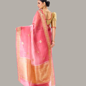 Dark Peach Banarasi Organza Silk Saree With Floral Motifs