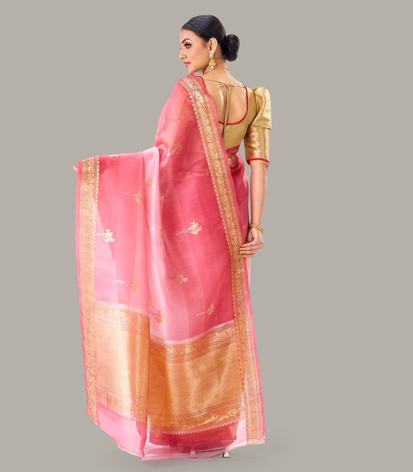 Dark Peach Banarasi Organza Silk Saree With Floral Motifs