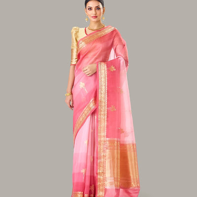 Dark Peach Banarasi Organza Silk Saree With Floral Motifs