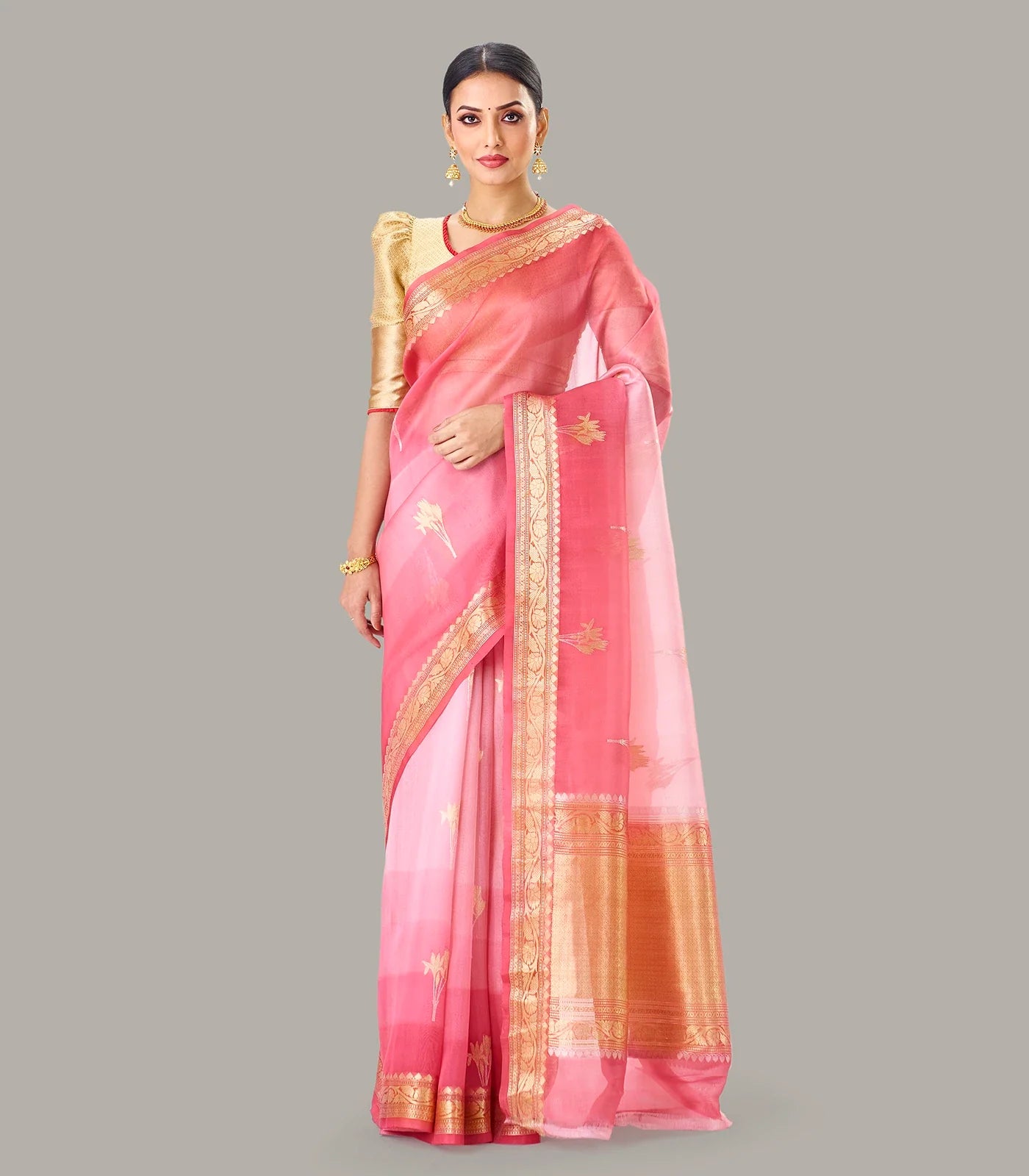 Dark Peach Banarasi Organza Silk Saree With Floral Motifs