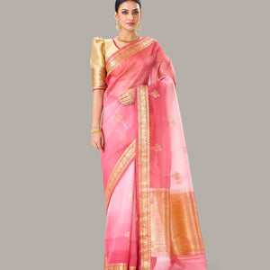 Dark Peach Banarasi Organza Silk Saree With Floral Motifs