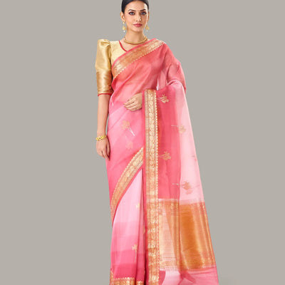 Dark Peach Banarasi Organza Silk Saree With Floral Motifs