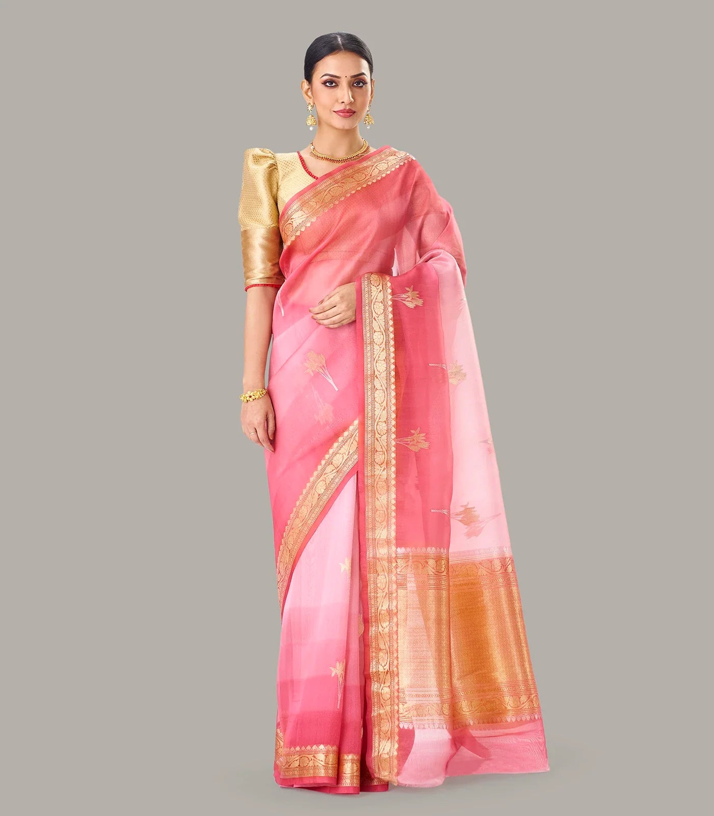Dark Peach Banarasi Organza Silk Saree With Floral Motifs