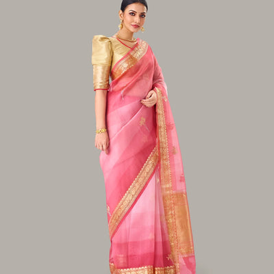 Dark Peach Banarasi Organza Silk Saree With Floral Motifs