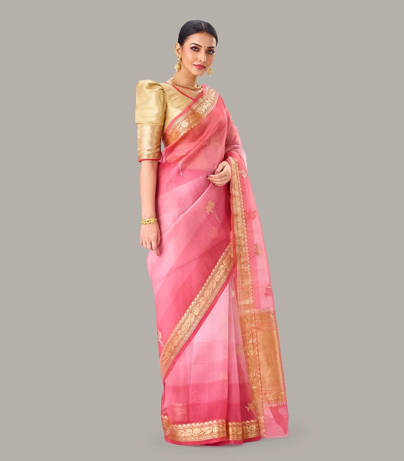 Dark Peach Banarasi Organza Silk Saree With Floral Motifs