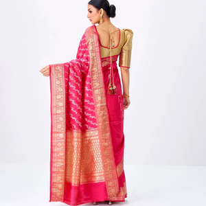 Hot Pink Handloom Banarasi Silk Saree With Gold & Silver Zari Motifs