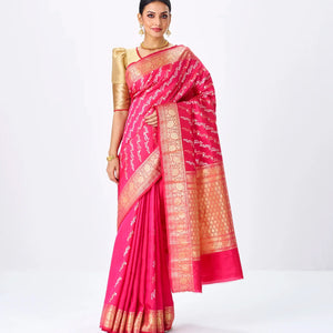 Hot Pink Handloom Banarasi Silk Saree With Gold & Silver Zari Motifs