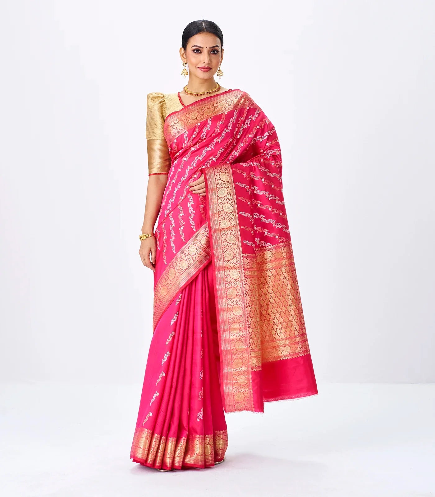 Hot Pink Handloom Banarasi Silk Saree With Gold & Silver Zari Motifs