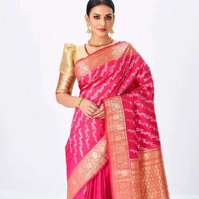 Hot Pink Handloom Banarasi Silk Saree With Gold & Silver Zari Motifs