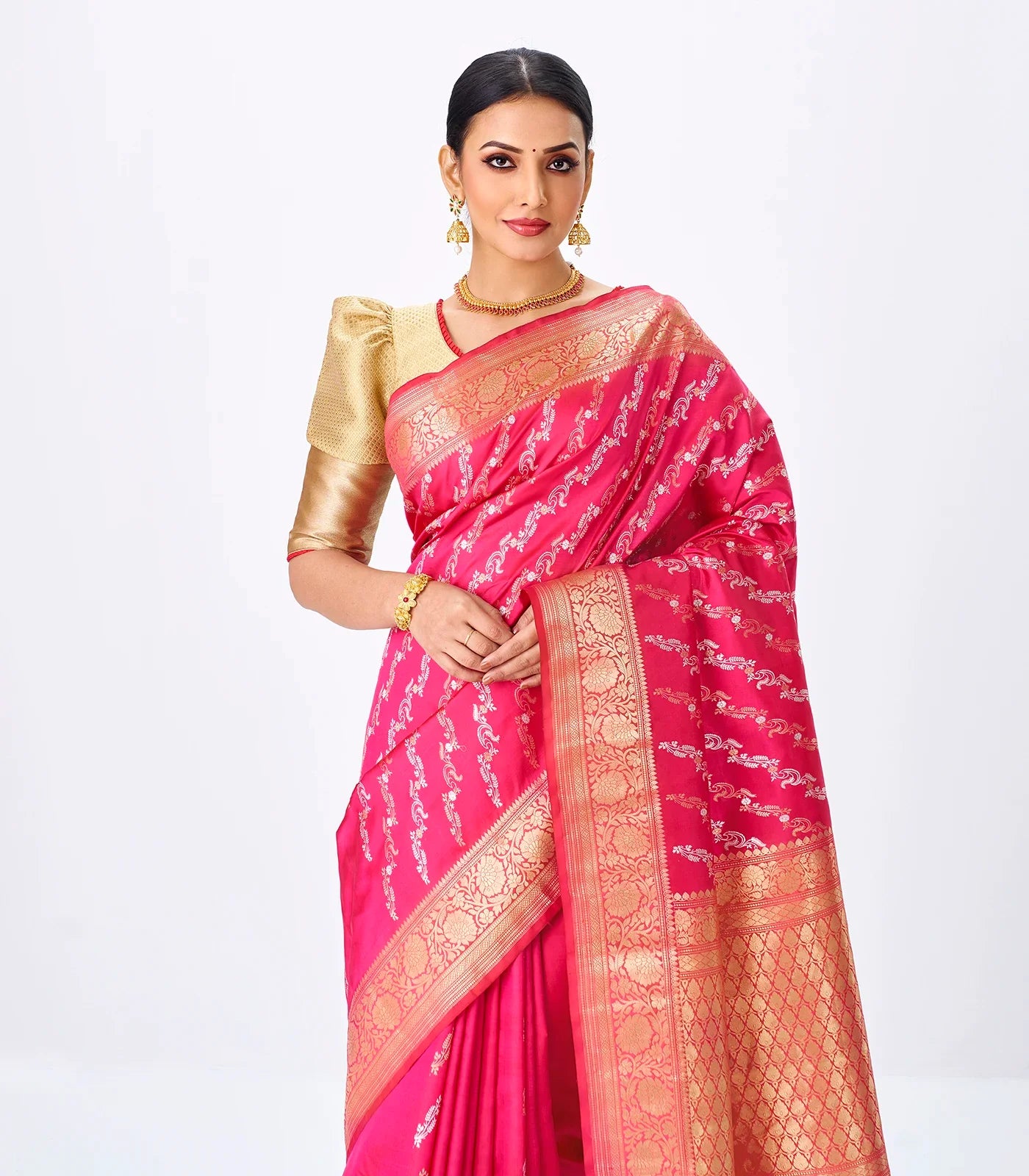 Hot Pink Handloom Banarasi Silk Saree With Gold & Silver Zari Motifs