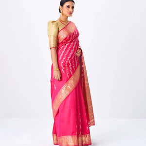 Hot Pink Handloom Banarasi Silk Saree With Gold & Silver Zari Motifs