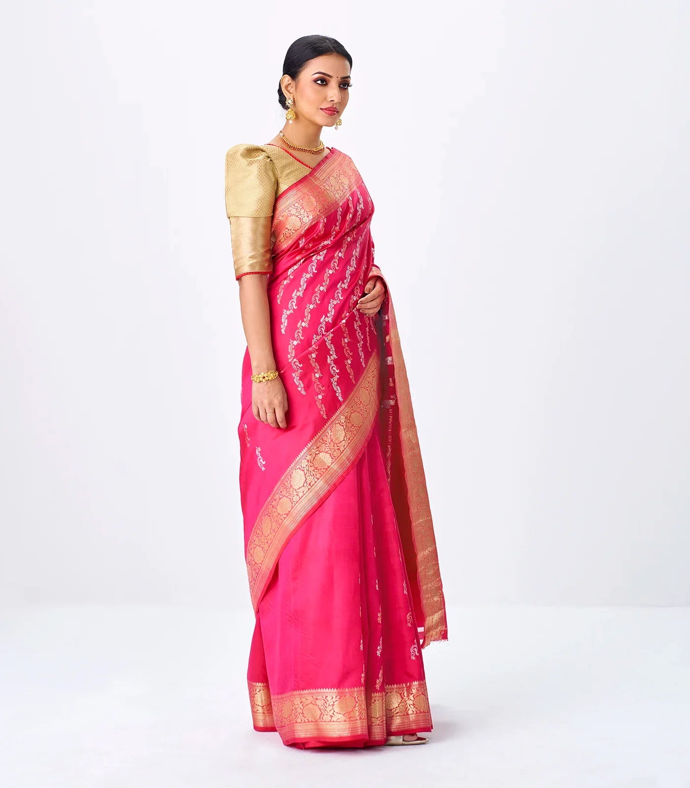 Hot Pink Handloom Banarasi Silk Saree With Gold & Silver Zari Motifs