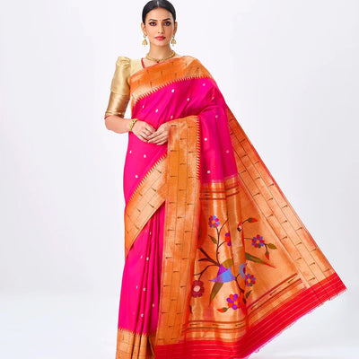 Hot Pink Handloom Paithani Silk Saree With Zari Coin Buttas-Red