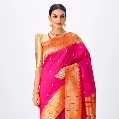 Hot Pink Handloom Paithani Silk Saree With Zari Coin Buttas-Red