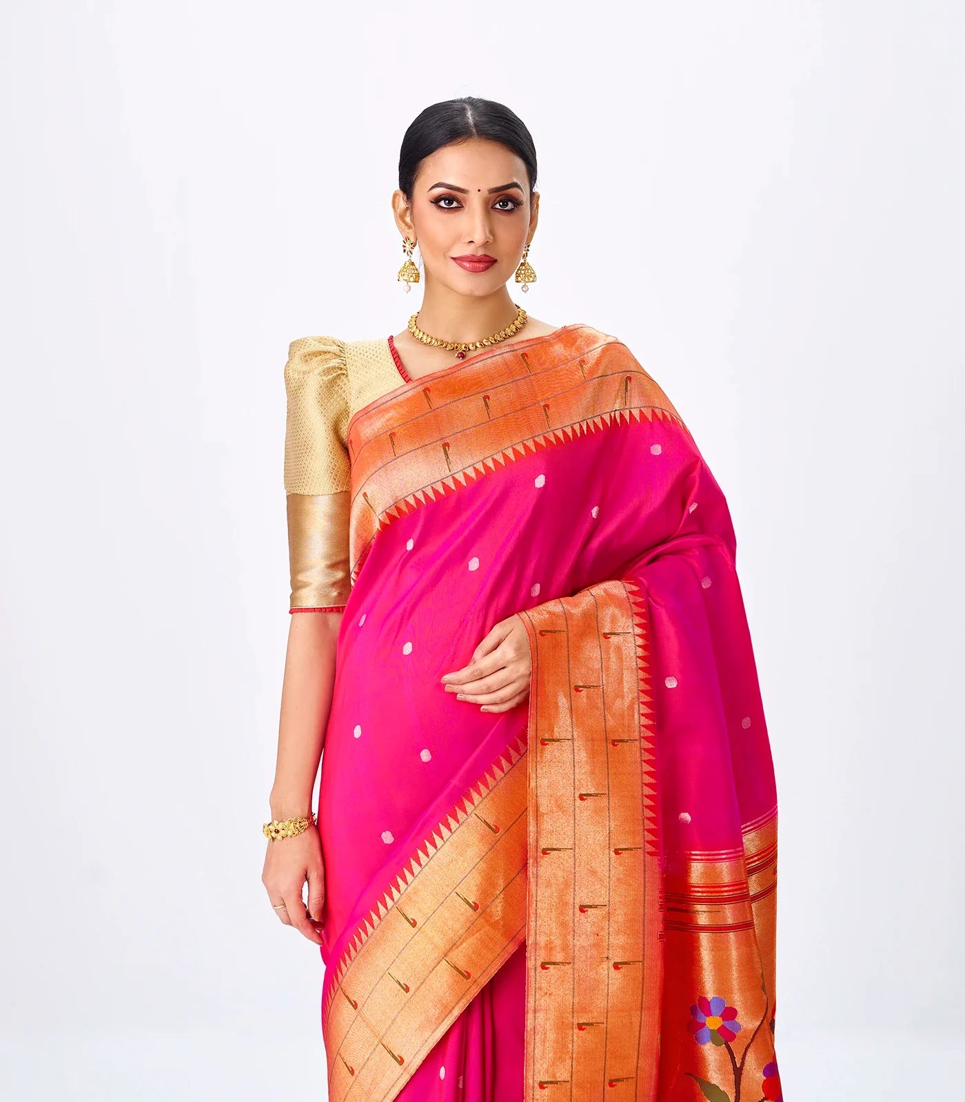 Hot Pink Handloom Paithani Silk Saree With Zari Coin Buttas-Red