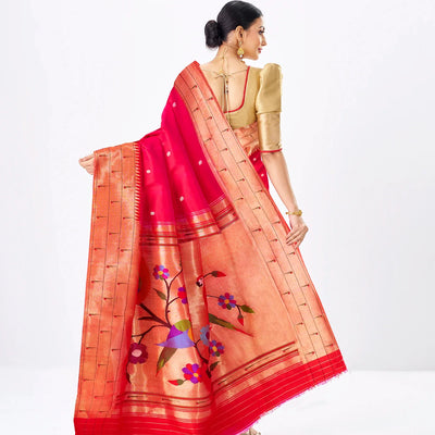 Hot Pink Handloom Paithani Silk Saree With Zari Coin Buttas-Red