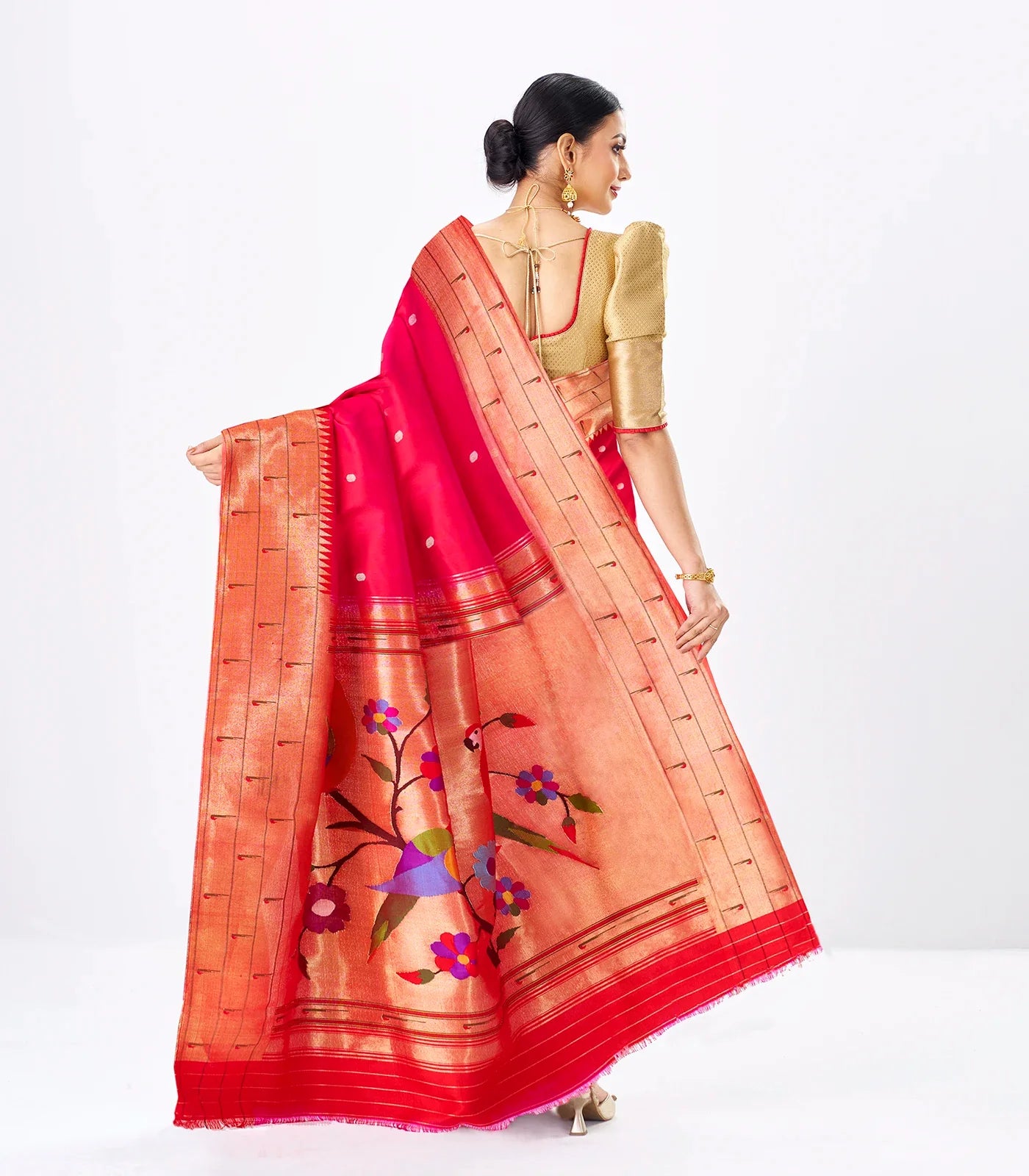 Hot Pink Handloom Paithani Silk Saree With Zari Coin Buttas-Red