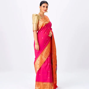 Hot Pink Handloom Paithani Silk Saree With Zari Coin Buttas-Red