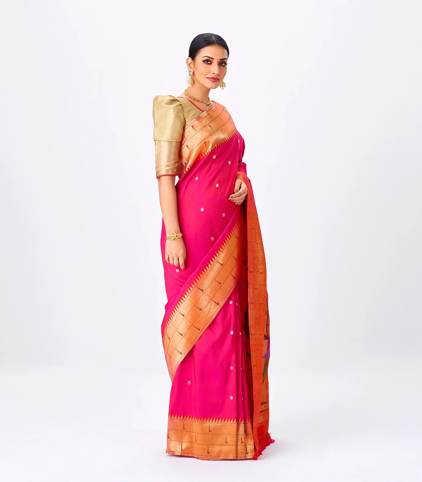 Hot Pink Handloom Paithani Silk Saree With Zari Coin Buttas-Red