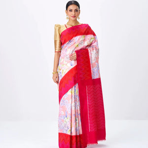 Baby Pink Handloom Silk Saree With Printed Flower Motifs