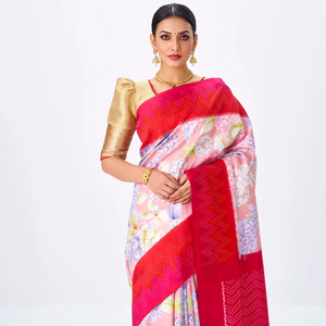 Baby Pink Handloom Silk Saree With Printed Flower Motifs