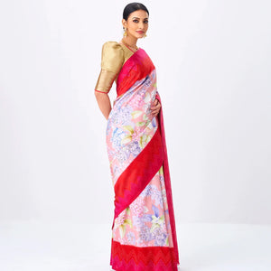 Baby Pink Handloom Silk Saree With Printed Flower Motifs
