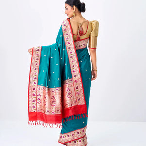 Cyan Handloom Banarasi Silk Saree With Coin Buttas & Red Border