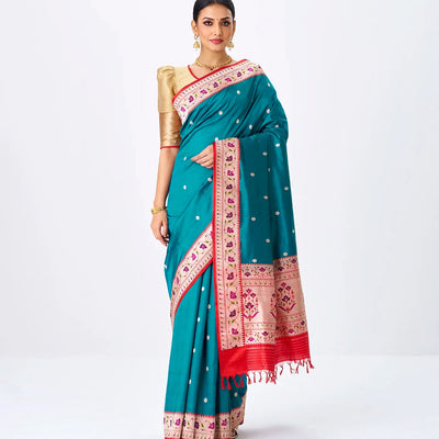 Cyan Handloom Banarasi Silk Saree With Coin Buttas & Red Border