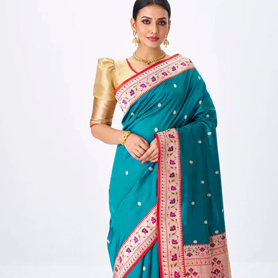 Cyan Handloom Banarasi Silk Saree With Coin Buttas & Red Border