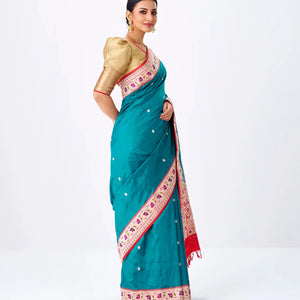 Cyan Handloom Banarasi Silk Saree With Coin Buttas & Red Border