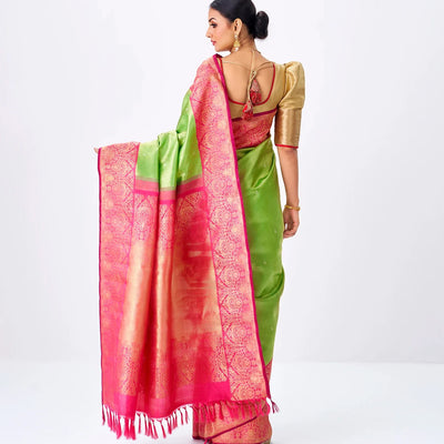 Cardamom Green Handloom Kanchipuram Korvai Silk Saree With Zari Stripes