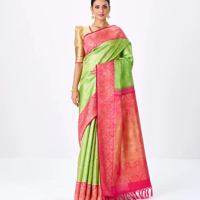 Cardamom Green Handloom Kanchipuram Korvai Silk Saree With Zari Stripes