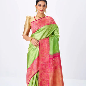 Cardamom Green Handloom Kanchipuram Korvai Silk Saree With Zari Stripes