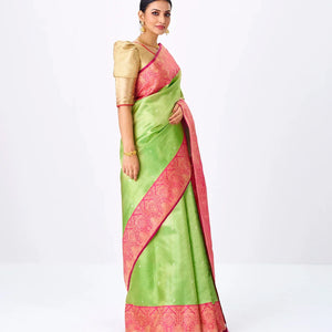 Cardamom Green Handloom Kanchipuram Korvai Silk Saree With Zari Stripes