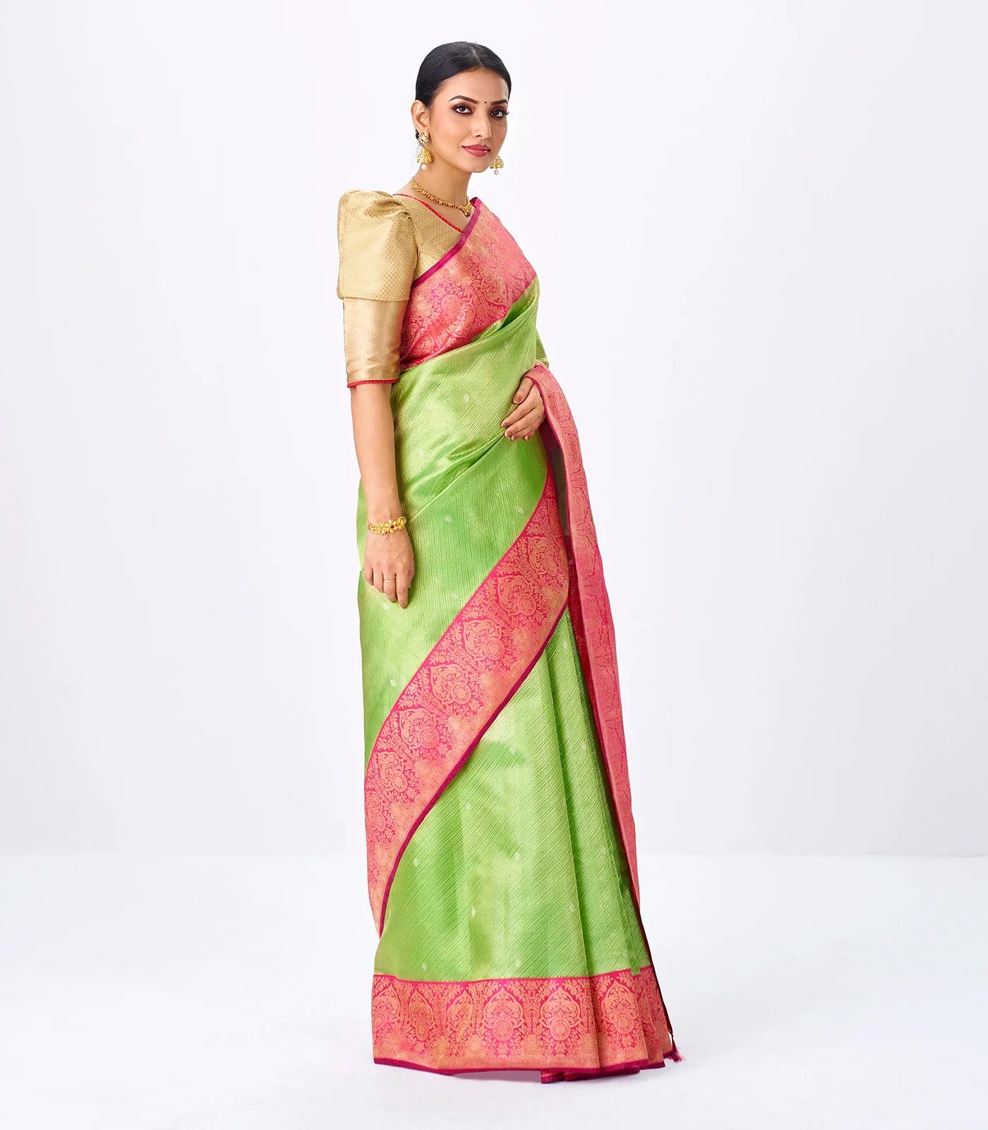 Cardamom Green Handloom Kanchipuram Korvai Silk Saree With Zari Stripes