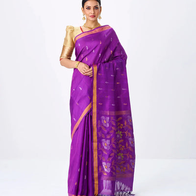 Purple Handloom Uppada Silk Saree With Zari Buttas
