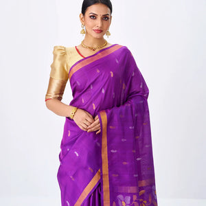 Purple Handloom Uppada Silk Saree With Zari Buttas