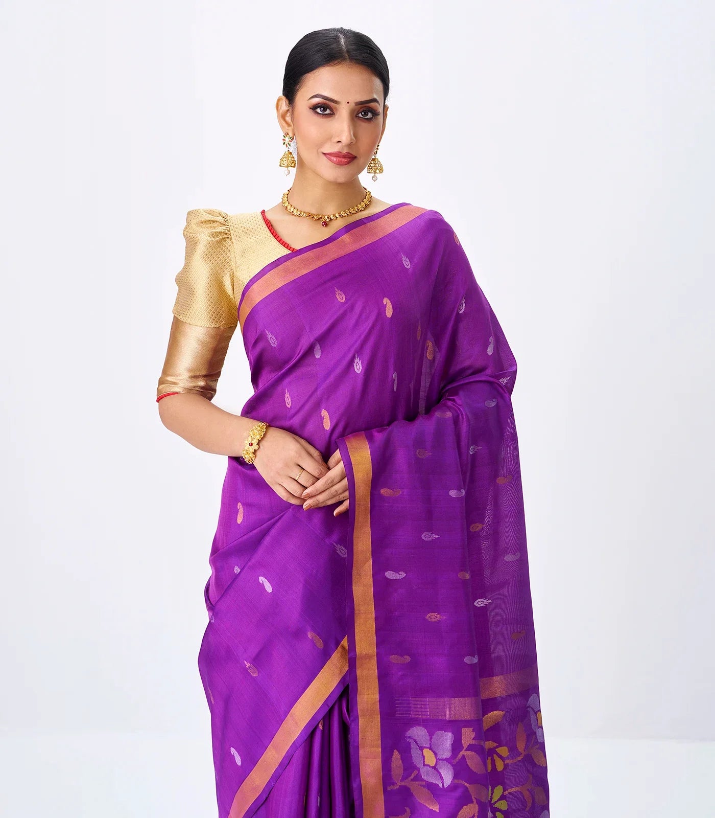 Purple Handloom Uppada Silk Saree With Zari Buttas